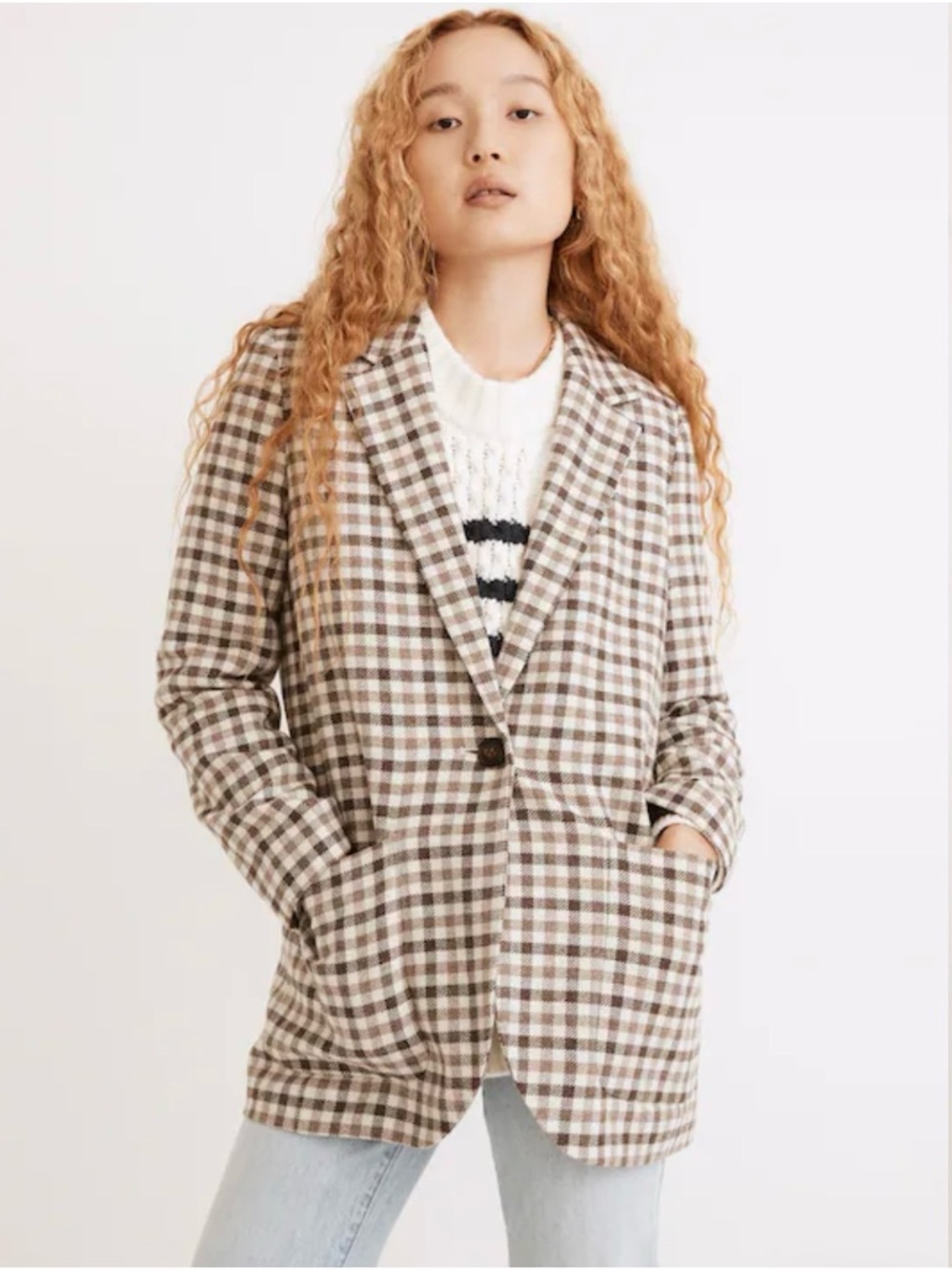 NWT: Madewell Brown and Cream Checked Single-Button Blazer Size S